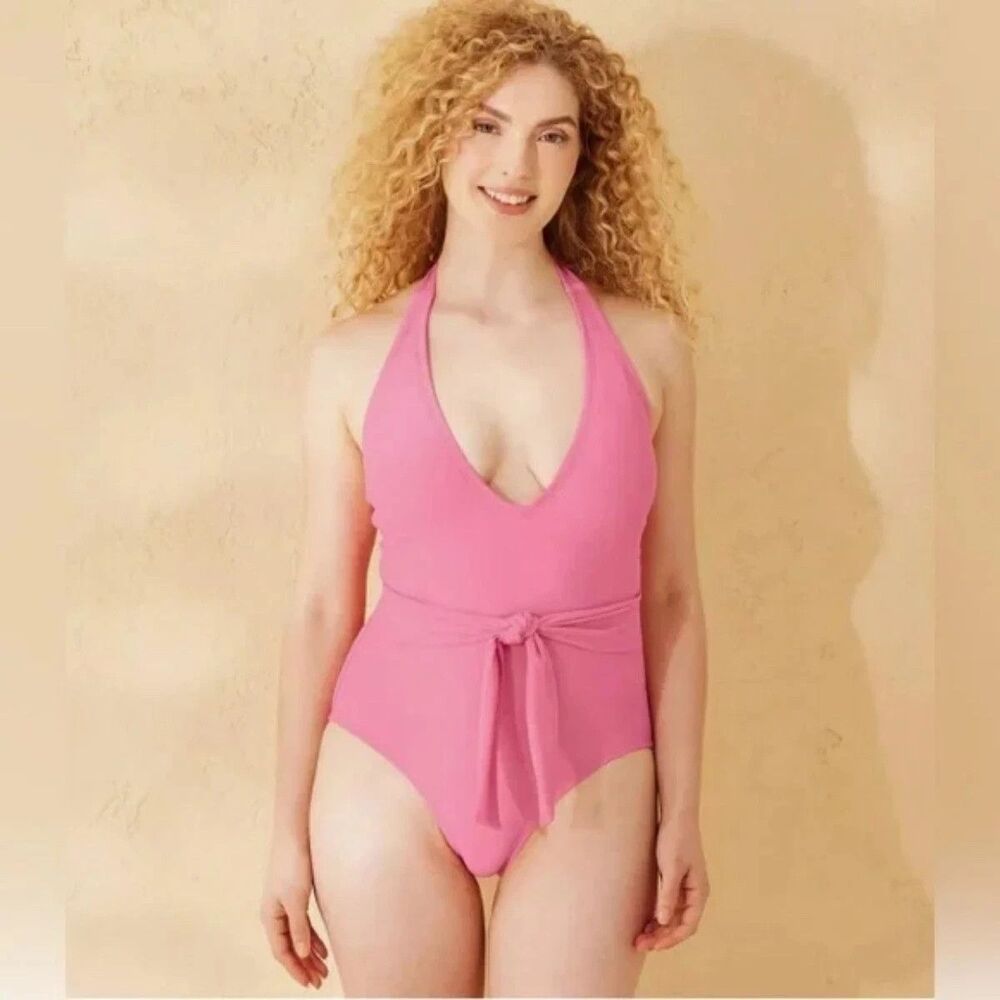 Shade & Shore Women's Belted Halter Plunge One Piece Swimsuit Pink Size XL 16